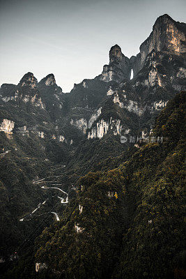 Tianmen Shan (天门山) peaks with curvy roads, China, taken from air